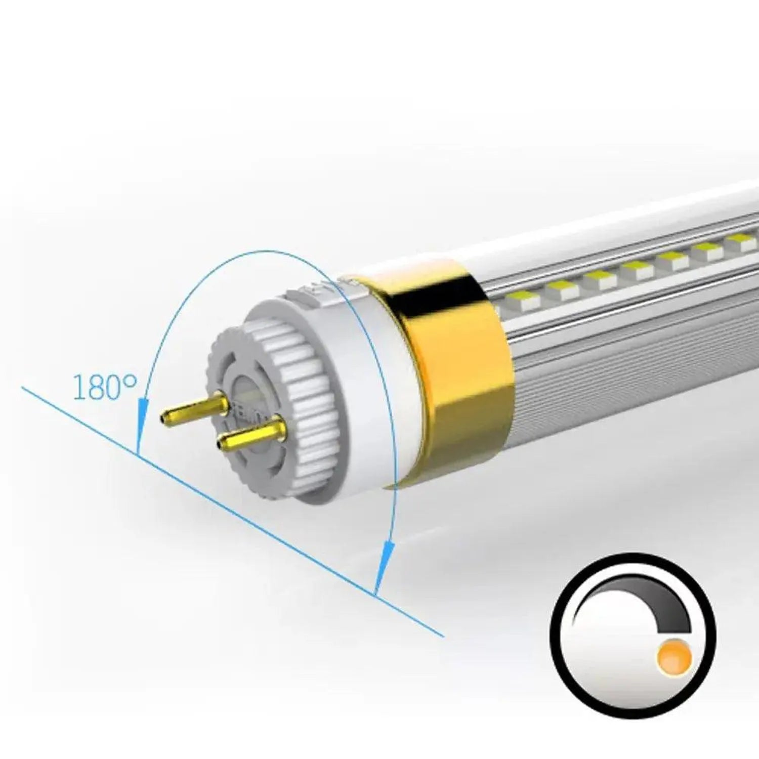 T8 LED tube with 180-degree light beam angle diagram and connector pins visible, showing product dimensions and lighting spec