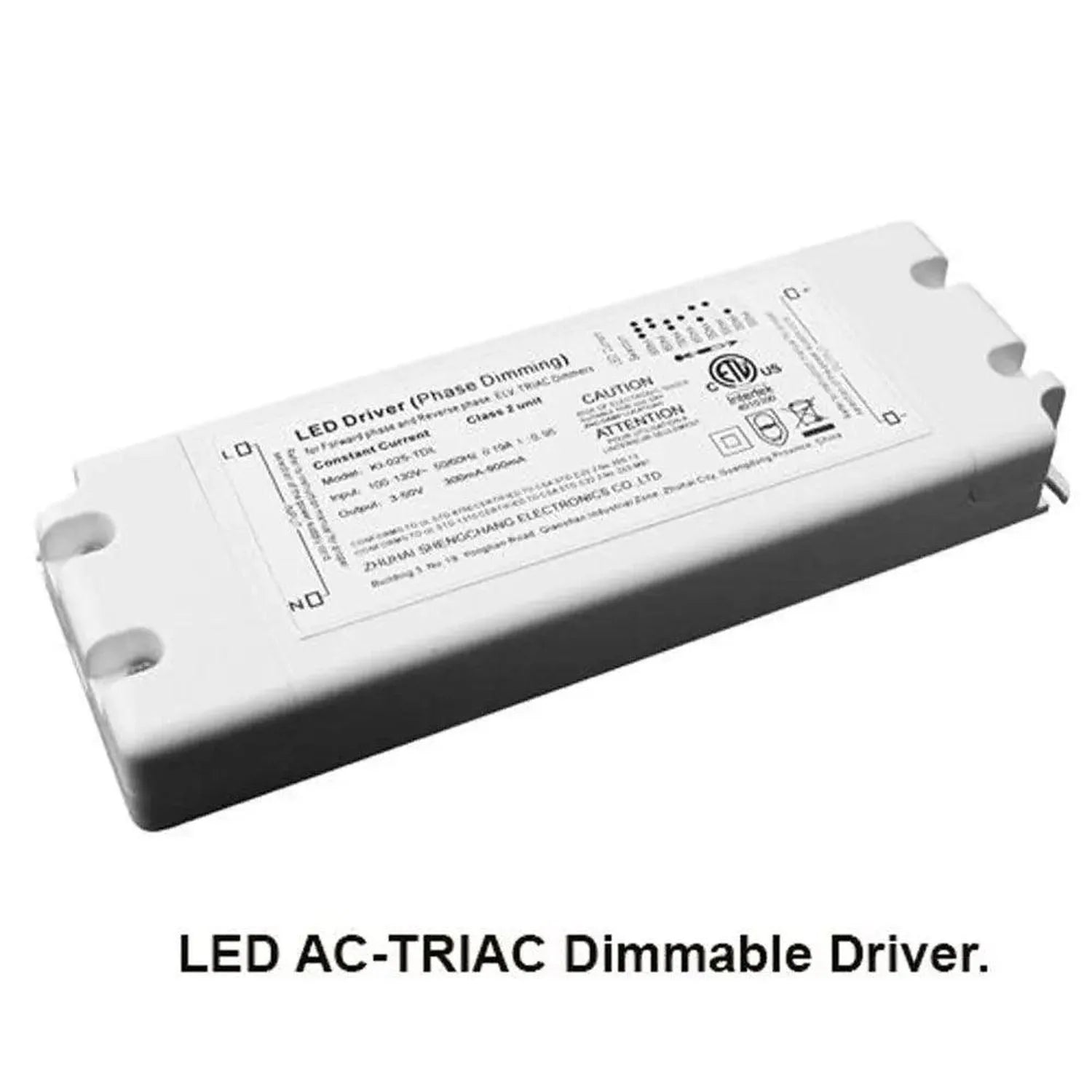 White rectangular LED AC-TRIAC dimmable driver with mounting holes and specifications label visible on top surface.