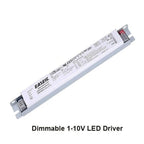 Easeíl dimmable 1-10V LED driver, white rectangular electronic ballast with terminal connectors and certification markings.