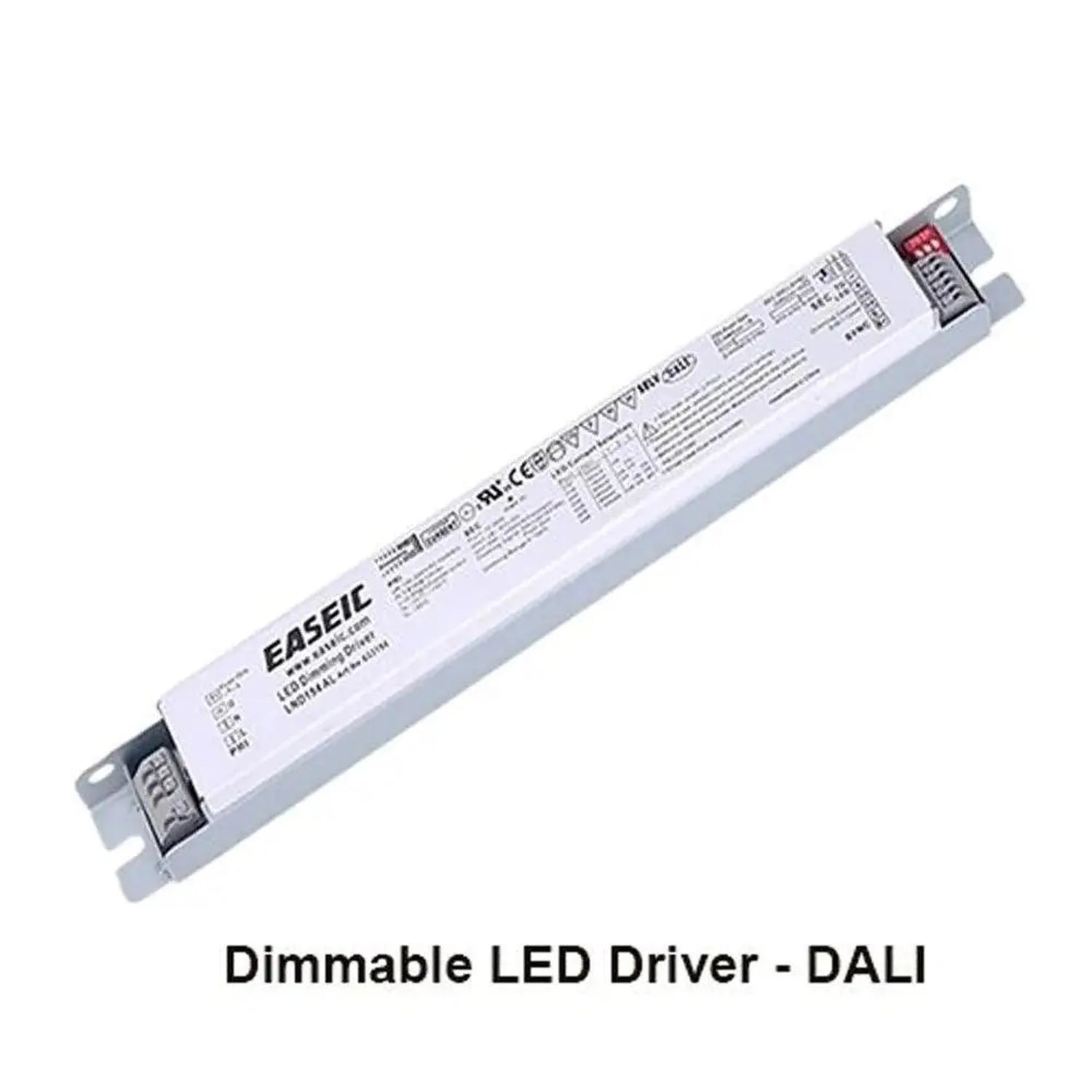 White rectangular EASEIC LED driver with DALI dimming control and terminal connectors, product shot on white background.