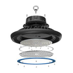 Exploded view diagram of LED high bay light showing component layers including mounting ring, lens, heat sink, and driver hou