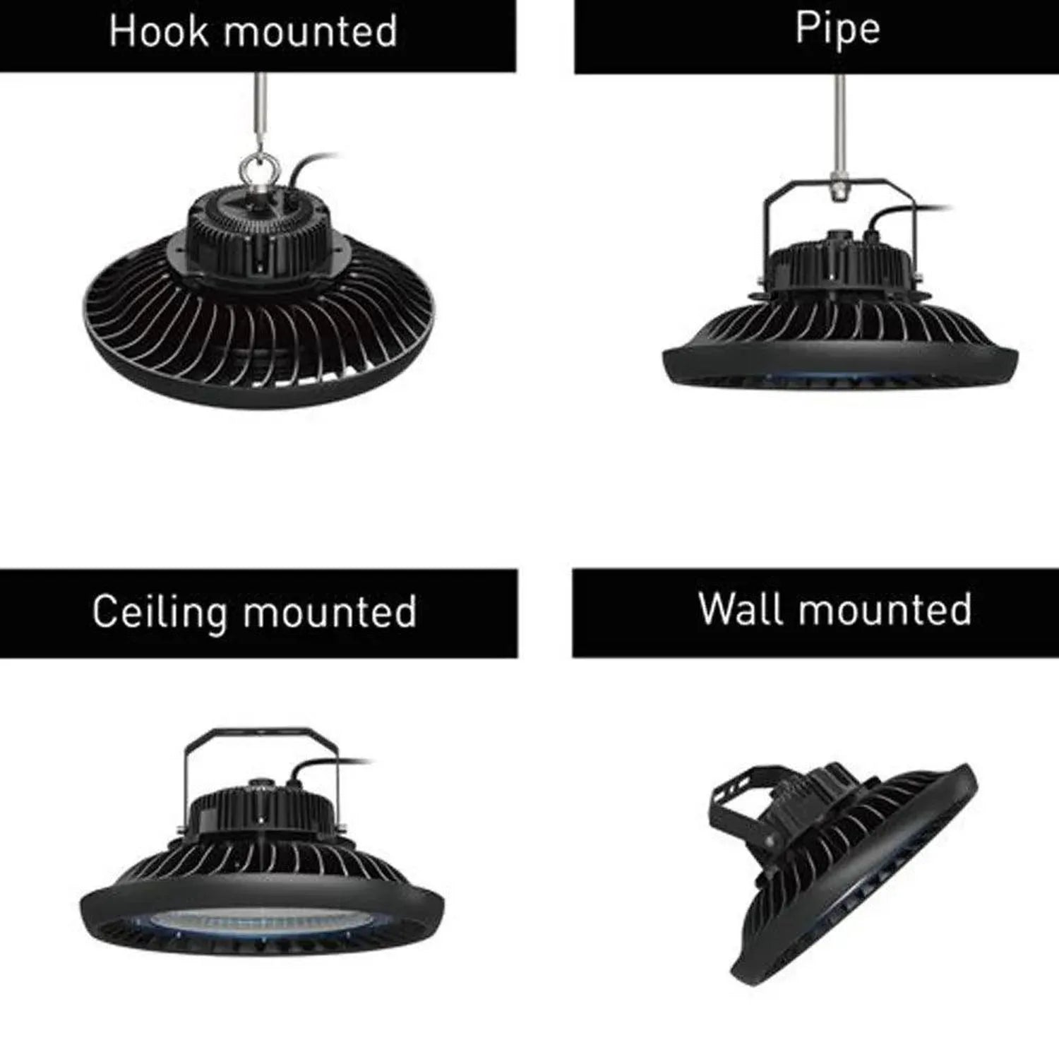 Four mounting options for 100W LED high bay light: hook-mounted pendant, pipe-mounted, ceiling-mounted, and wall-mounted conf