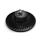 Black UFO-style LED high bay light with ribbed dome reflector and mounting bracket, product alone against white background.