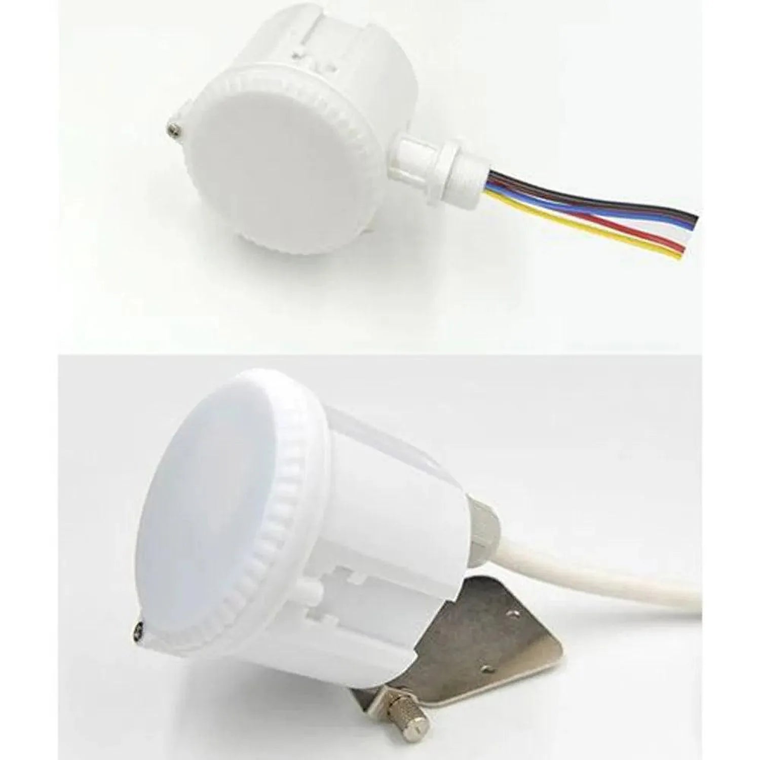 White cylindrical LED high bay light with multi-colored wire leads, shown from two angles including mounting bracket detail.