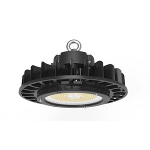 Black UFO-style LED high bay light with ribbed heat sink fins, suspended by metal ring, illuminated lens visible underneath.