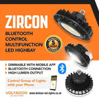 Zircon LED high bay light product marketing graphic featuring three black fixtures, Bluetooth logo, 5-year warranty badge, an