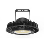 Black cylindrical LED high bay light with radial heat fins, mounting bracket, and illuminated warm-white LED lens, front view
