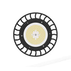 Round LED high bay light with black ribbed housing, white diffuser, and concentric yellow LED array, viewed from front.