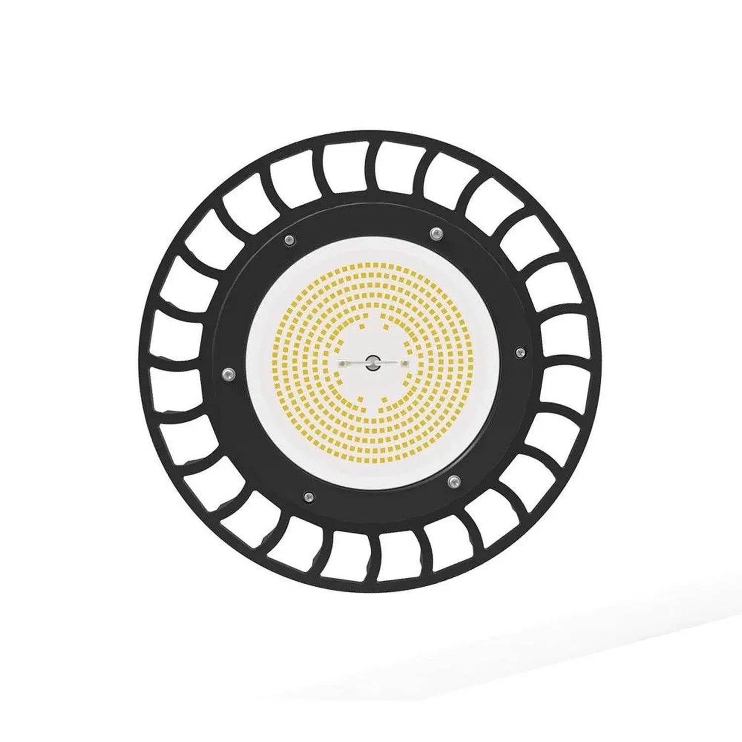 Round LED high bay light with black ribbed housing, white diffuser, and concentric yellow LED array, viewed from front.
