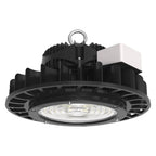 Black round LED high bay light with ribbed heat sink, clear lens, and hanging ring against white background.