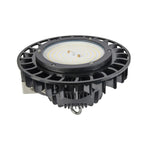 Black circular LED high bay light fixture with ribbed heat sink base and white light-emitting panel top, shown on white backg