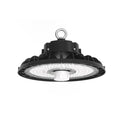 Black round LED high bay light with frosted diffuser, metal mounting ring, viewed from below against white background.