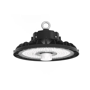 Black round LED high bay light with frosted diffuser, metal mounting ring, viewed from below against white background.