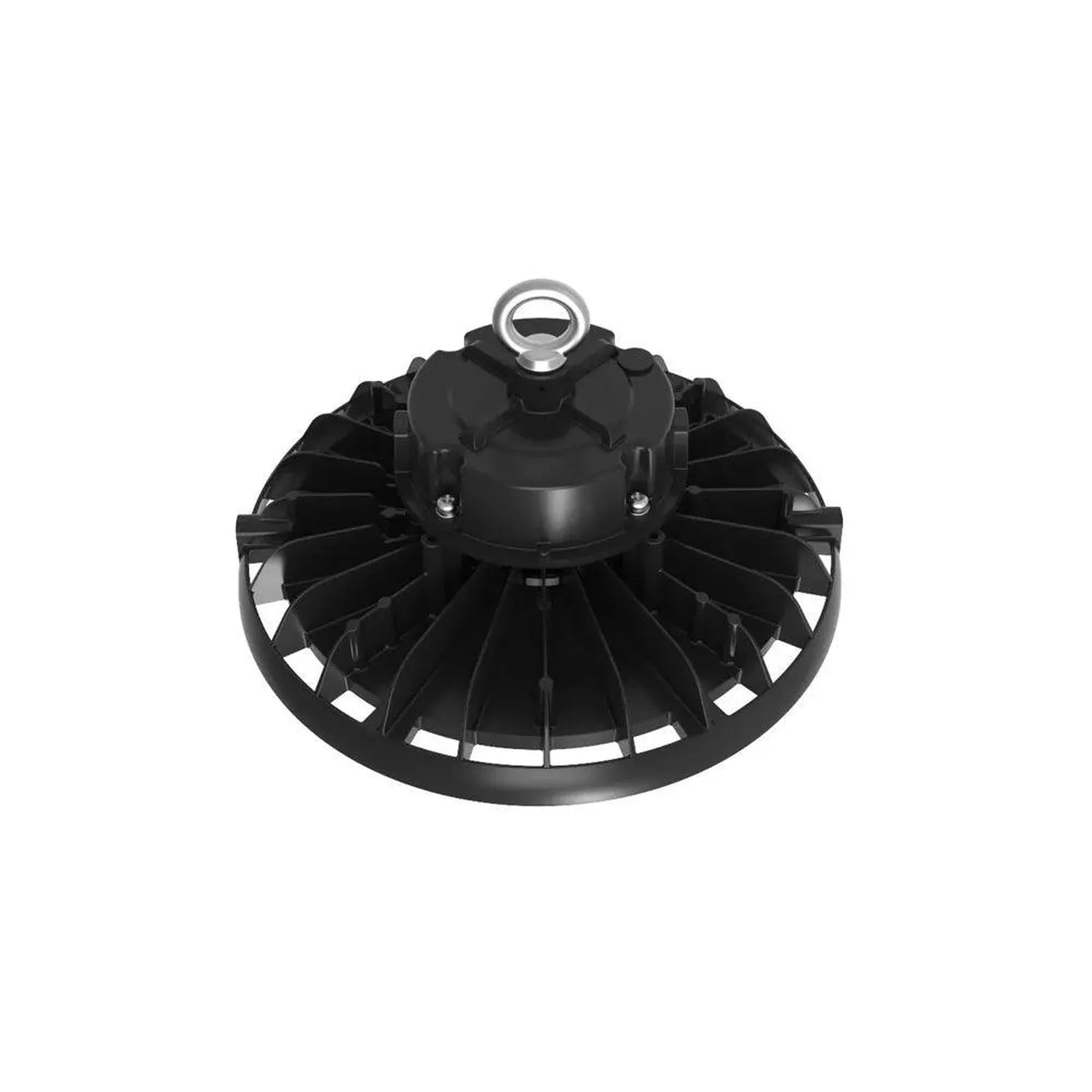 Black UFO-style LED high bay light with radial fins, shown from below against white background, product alone view.