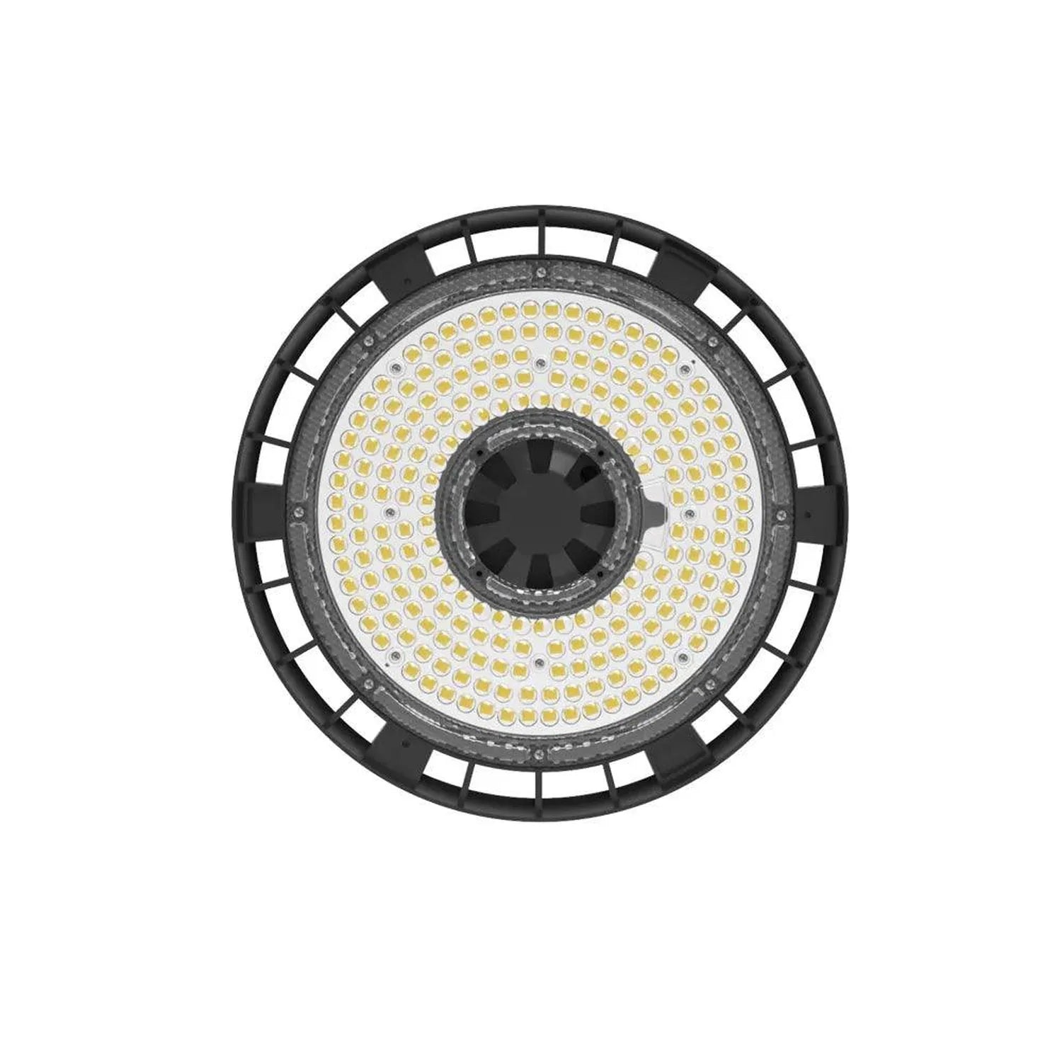 Top view of round LED high bay light with black outer ring and white rectangular ventilation sections, yellow LED array visib
