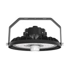 Black UFO-style LED high bay light with circular LED panel, adjustable mounting bracket, and white sensor dome, front view ag
