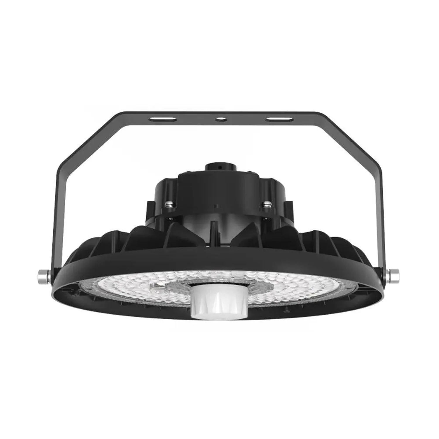 Black UFO-style LED high bay light with circular LED panel, adjustable mounting bracket, and white sensor dome, front view ag