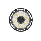 Top-down view of circular LED high bay light with yellow-tinted LED array and black ribbed outer ring mounted on white backgr