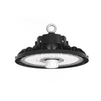 Black UFO-style LED high bay light with white diffuser, hanging ring, and ribbed aluminum reflector, shown against white back