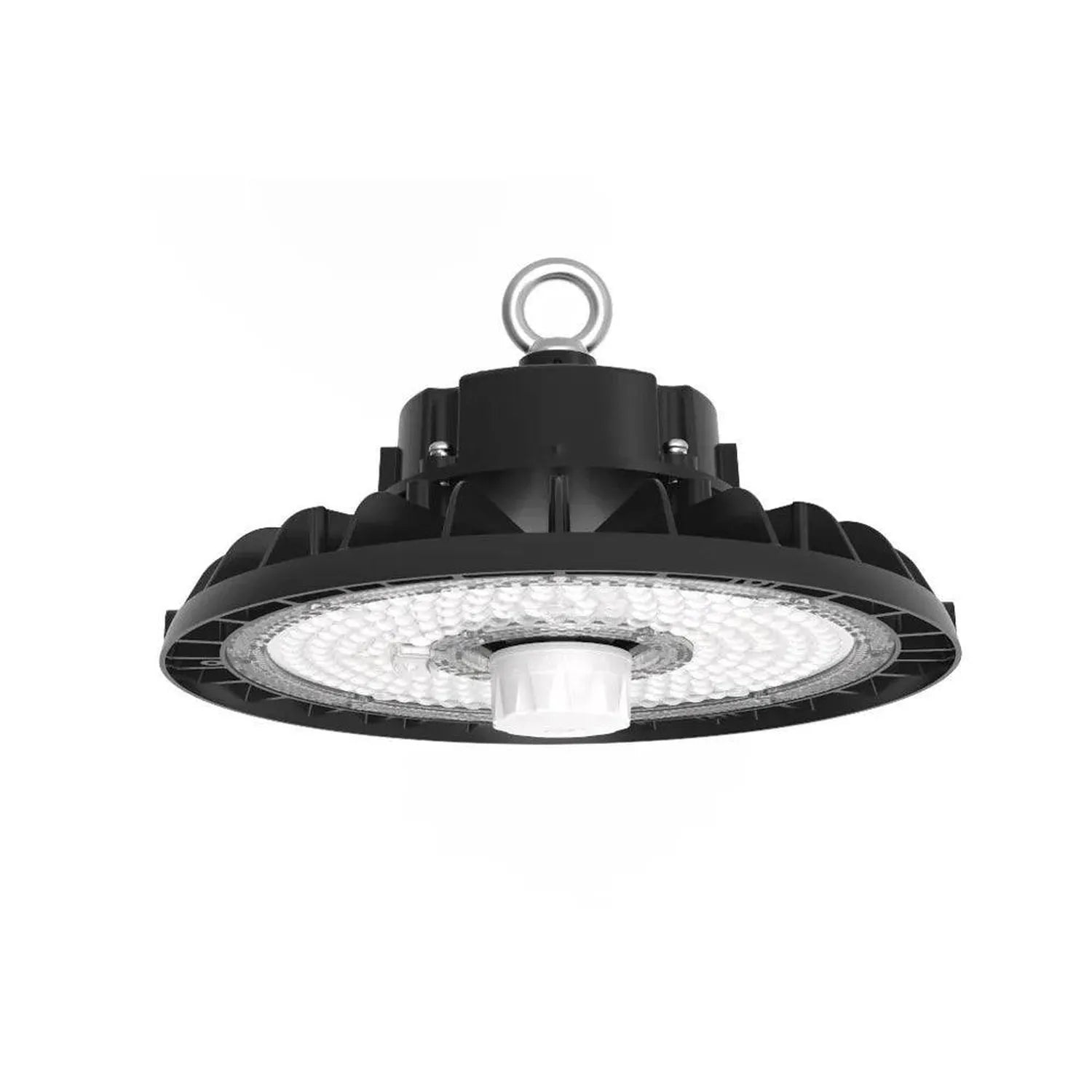 Black UFO-style LED high bay light with white diffuser, hanging ring, and ribbed aluminum reflector, shown against white back