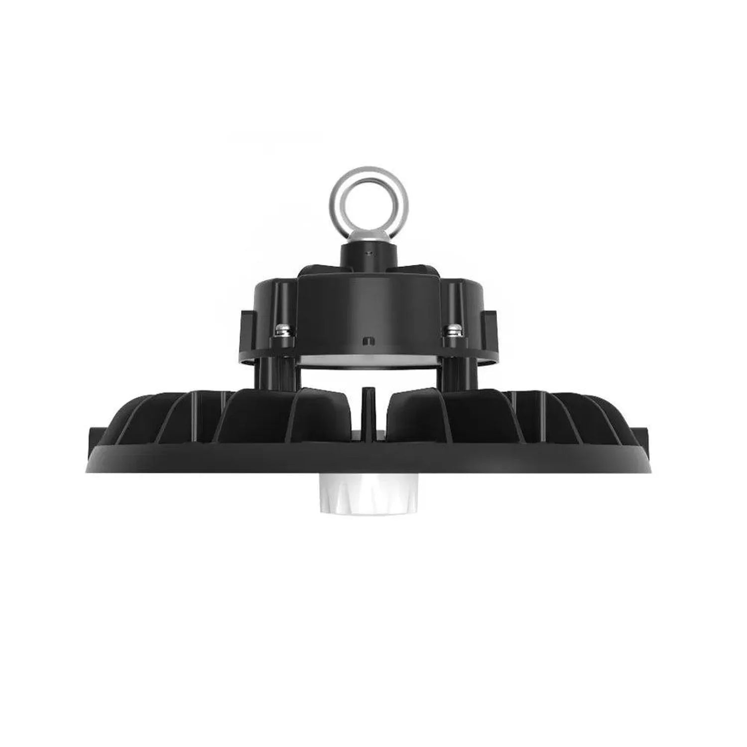 Black LED high bay light with ribbed heat sink base and metal hanging ring, front view product photo.