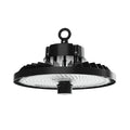 Black LED high bay light with UFO-style dome design, white light panel, and hanging loop against white background.