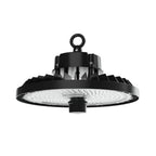 Black LED high bay light with UFO-style dome design, white light panel, and hanging loop against white background.