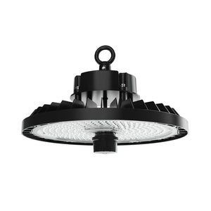 Black LED high bay light with UFO-style dome design, white light panel, and hanging loop against white background.