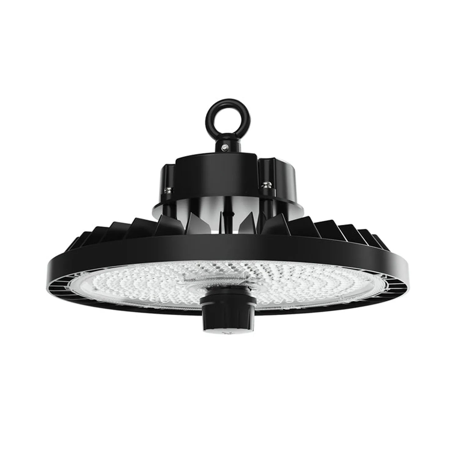 Black LED high bay light with UFO-style dome design, white light panel, and hanging loop against white background.
