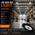 LED high bay light fixture with black UFO design mounted in modern warehouse with shelving and forklift, featuring product sp