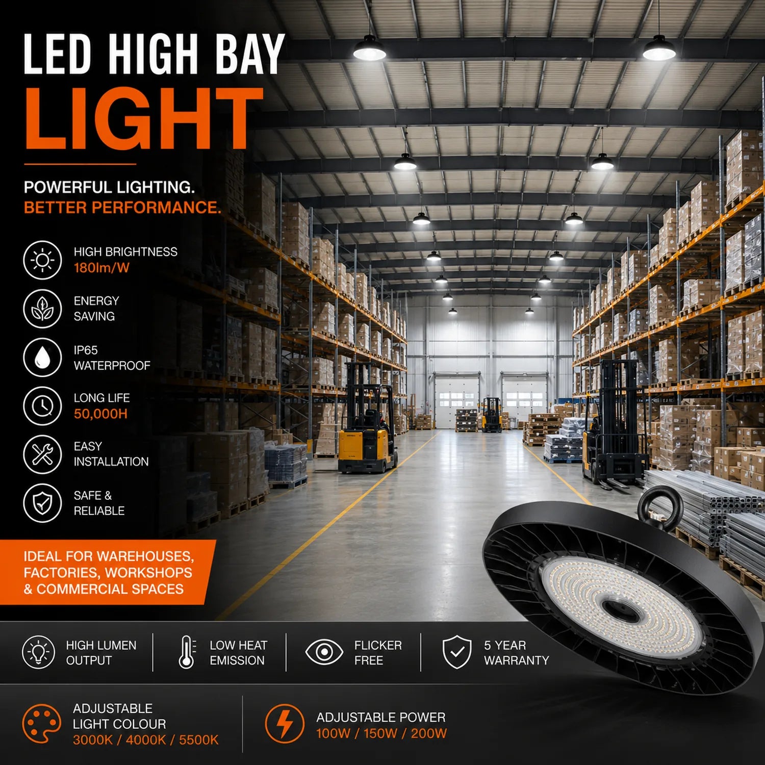 LED high bay light fixture with black UFO design mounted in modern warehouse with shelving and forklift, featuring product sp