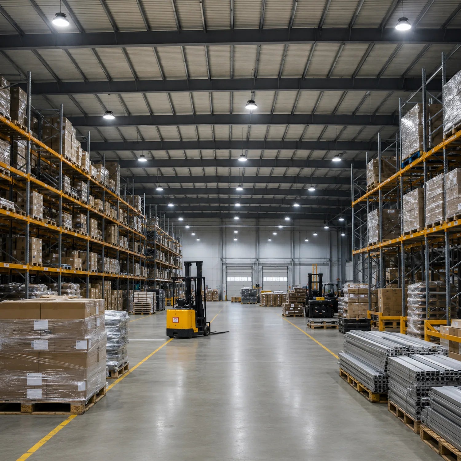 Modern warehouse interior with yellow racking systems, palletized goods, and LED high bay lights illuminating the industrial 