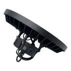 Black LED high bay light with adjustable mounting bracket and control box, angled product shot on white background.