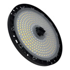 LED high bay light with black housing and gray diffuser panel showing hundreds of small yellow-toned LED chips arranged in co
