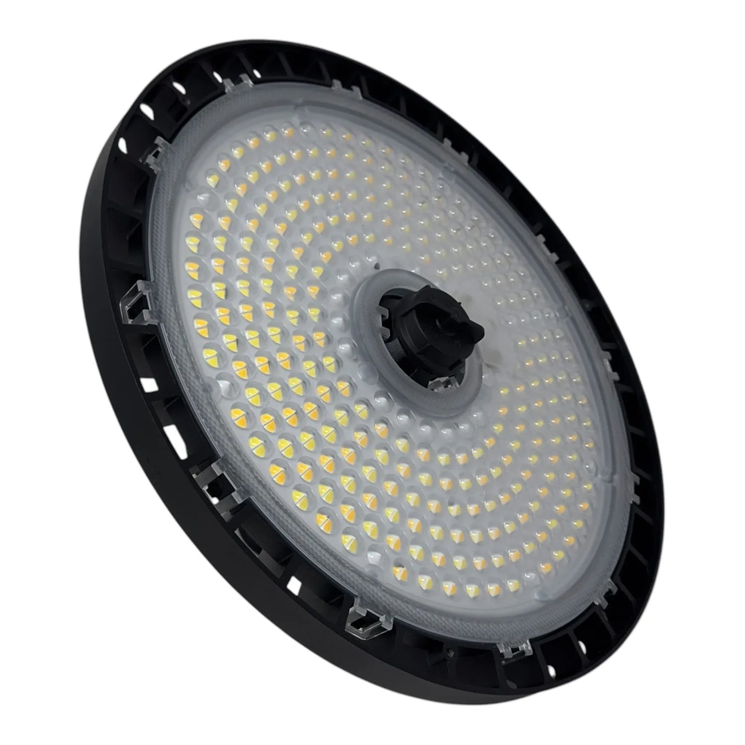 LED high bay light with black housing and gray diffuser panel showing hundreds of small yellow-toned LED chips arranged in co