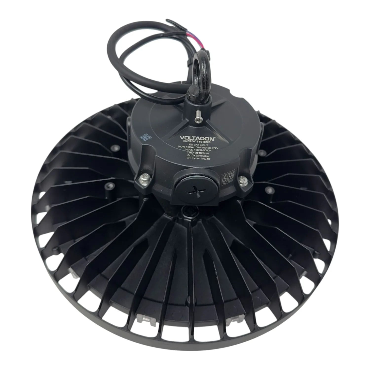 Voltacon LED bay light with ribbed dome reflector and attached power cord, shown from below against white background.