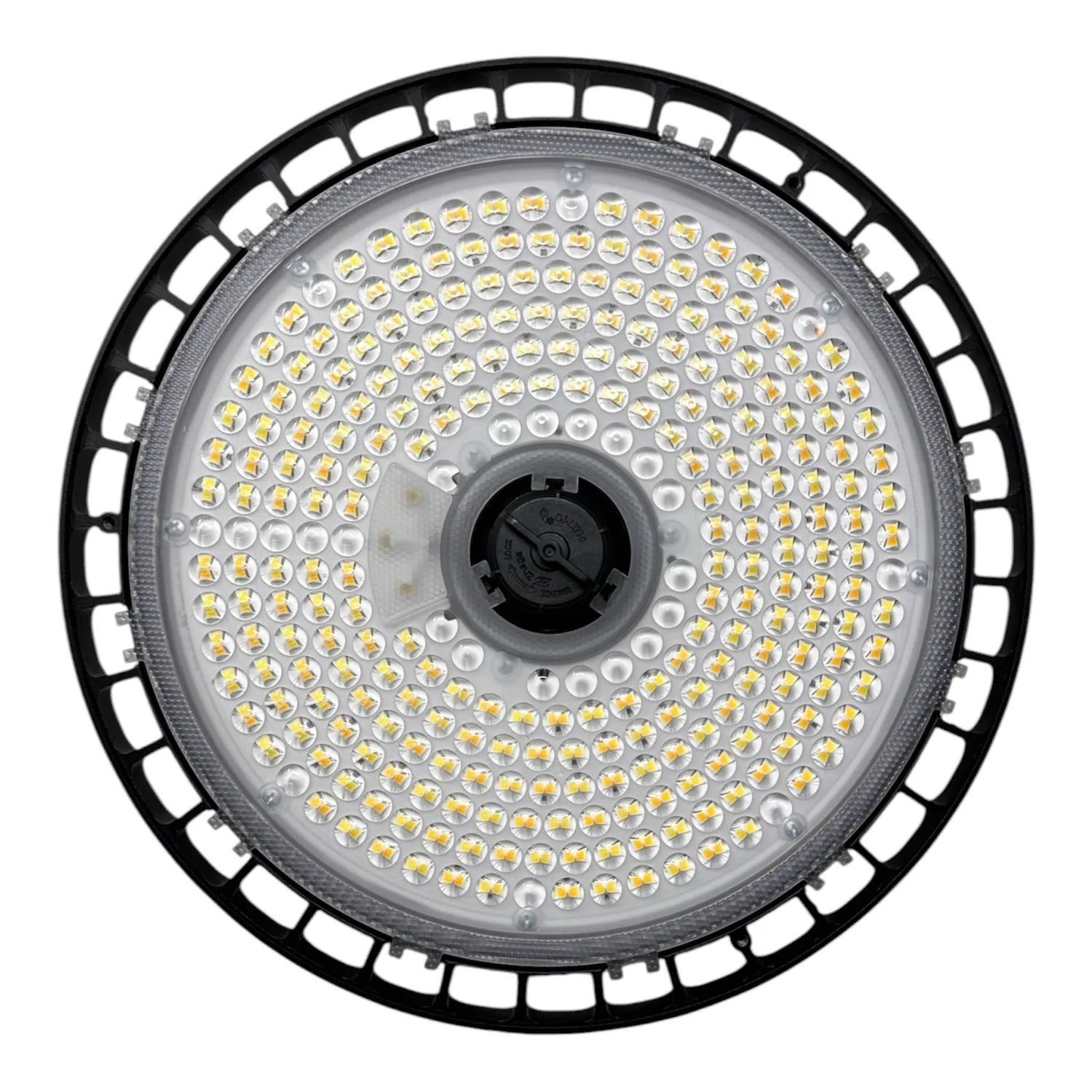 Top-down view of round LED high bay light with black rim, gray face plate, and hundreds of small yellow-toned LED chips arran