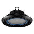 Black UFO-style LED high bay light with ribbed heatsink, gray light panel, blue trim ring, and top mounting loop against whit
