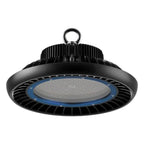 Black UFO-style LED high bay light with ribbed heatsink, gray light panel, blue trim ring, and top mounting loop against whit