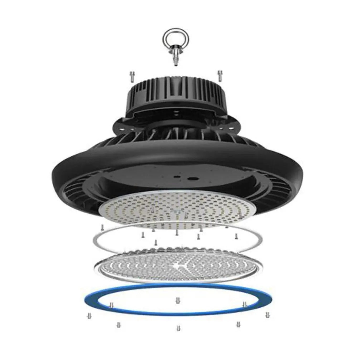 Exploded diagram showing disassembled components of an LED high bay light, with housing, lens diffusers, gasket, and mounting