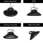 Four mounting options for LED high bay light: hook mounted, pipe mounted, ceiling mounted, and wall mounted configurations.