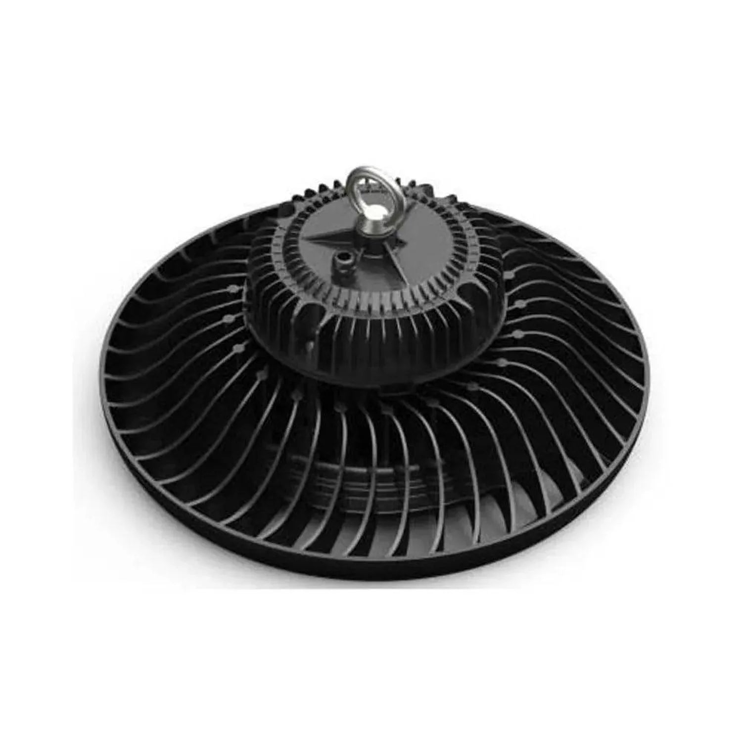 Black UFO-style LED high bay light fixture with ribbed aluminum housing and mounting bracket, product isolation shot.