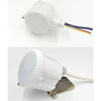 Two views of white cylindrical LED high bay light with colorful wire leads and mounting bracket.