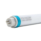 Voltacon T5 LED tube light with blue connector ring and two-pin base, product shot on white background.
