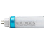 Voltacon dimmable T5 LED tube light with blue collar band and two-pin connector, product shot on white background.