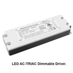 White rectangular LED AC-TRIAC dimmable driver with mounting holes and specification label visible on top surface.