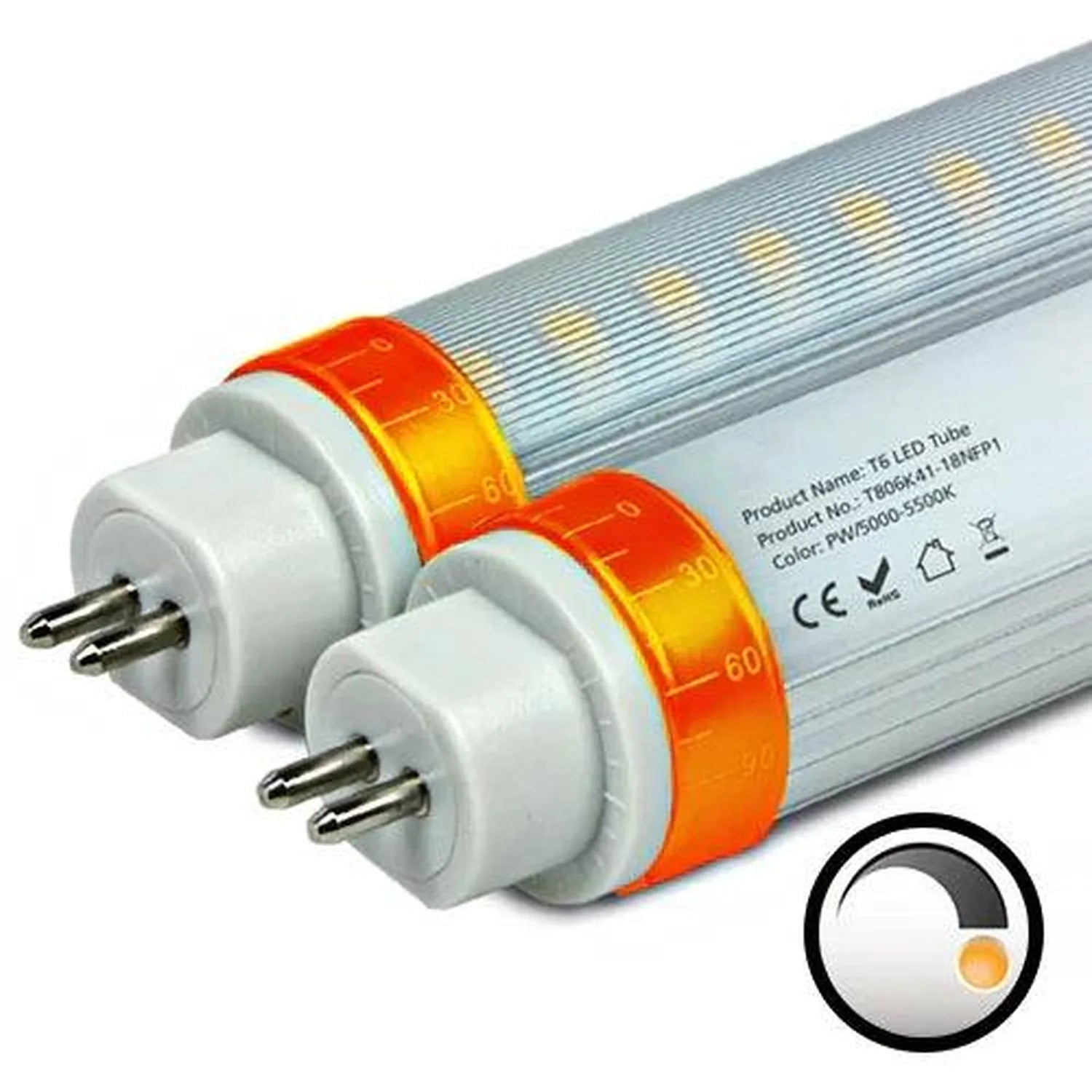 Two T5 LED tube lights with white end caps and orange safety bands, showing product specifications on the tube body and a war