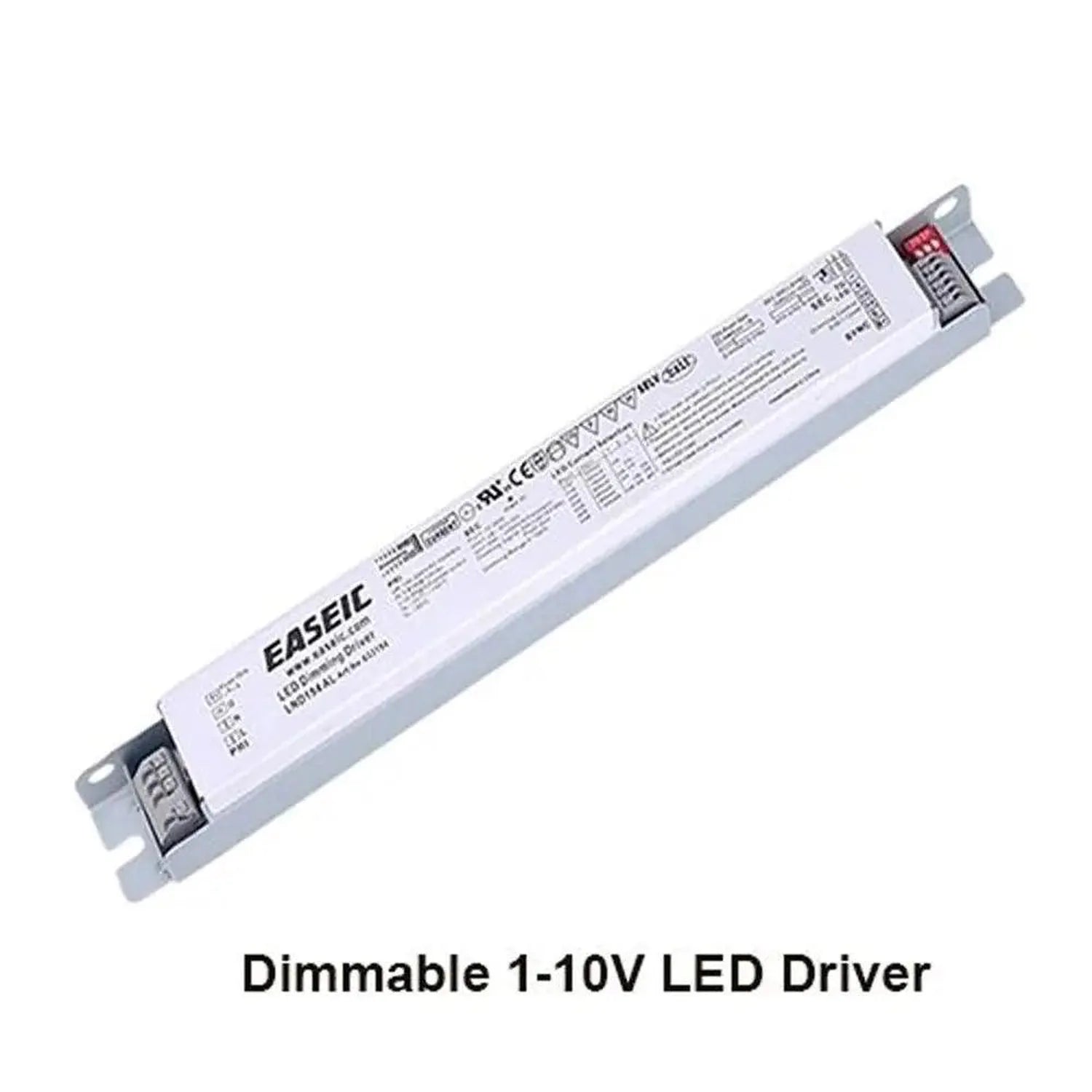 Easel dimmable 1-10V LED driver, white rectangular electronic component with terminal connectors and red indicator light.