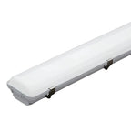 Linear LED light fixture with white frosted lens and gray metal housing with mounting brackets, angled product shot.