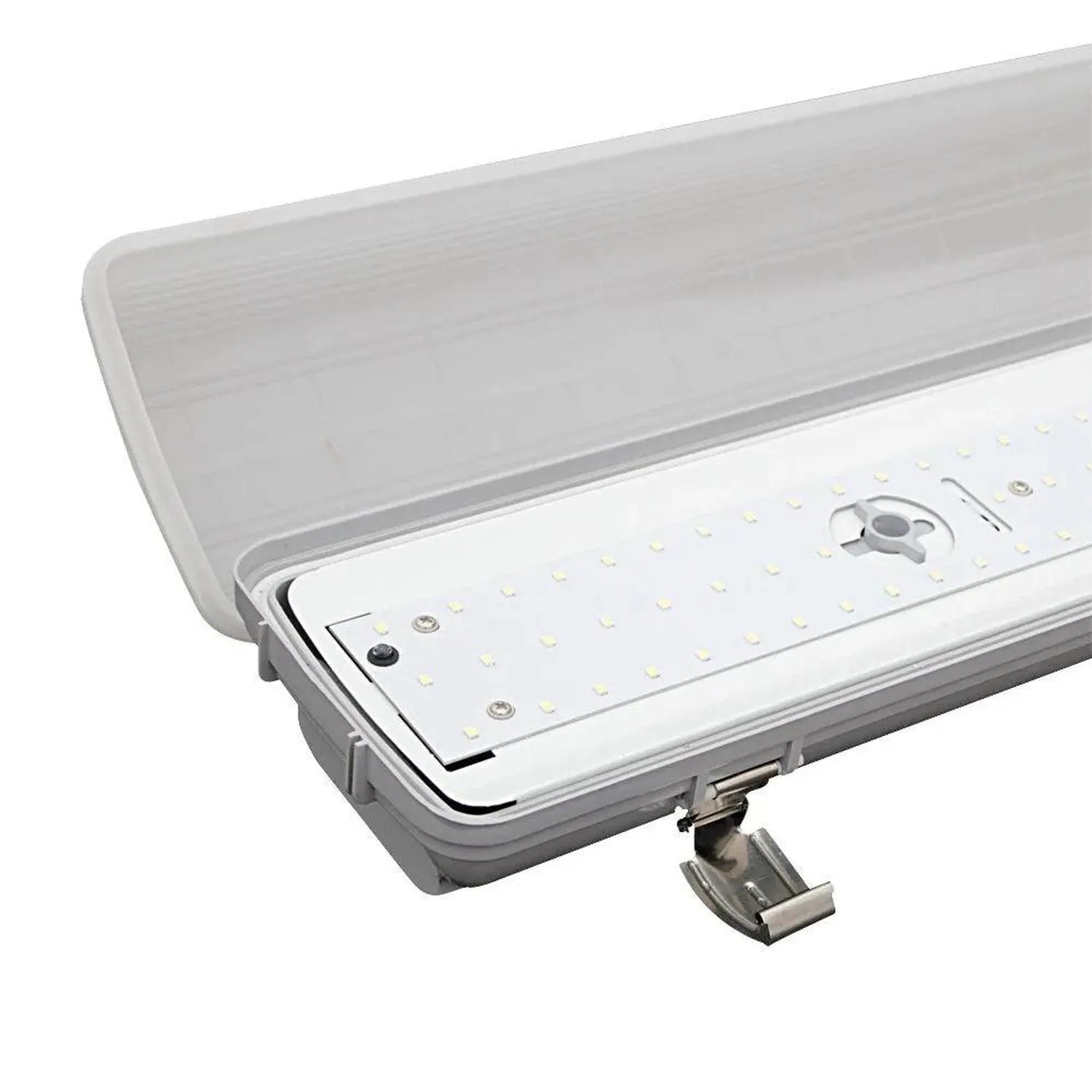 LED non-corrosive light fitting with white housing, removable polycarbonate cover, and array of small white LED bulbs visible